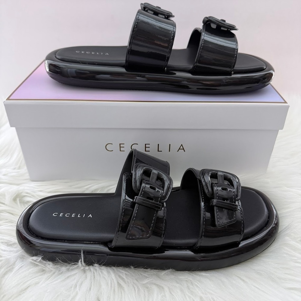 Cecelia New York Jump  Womens 8M Black Patent Buckle Platform Slide Sandals